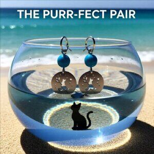 Unique & Handmade! OOAK Ocean Blue Agate Cat Lover Earrings